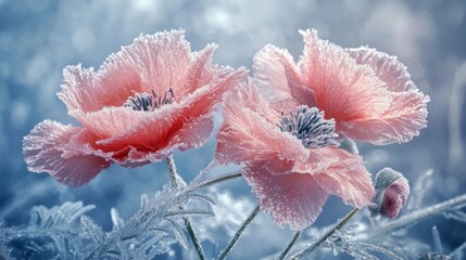 Frozen pink poppies with frost-covered petals in a wintery landscape, close-up view. Nature beauty and tranquility concept