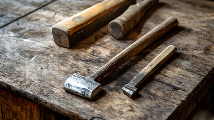 textured surfaces, including a chisel and hammer, placed on an aged wooden workbench, highlighting their practical use and wear 