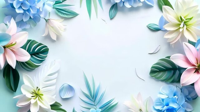 Floral Frame with Pastel Flowers and Tropical Leaves Soft Background