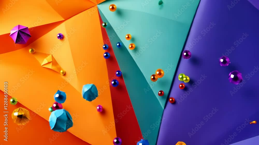 Poster A colorful background with many small round objects. The background is orange, blue, and purple. The objects are scattered all over the background