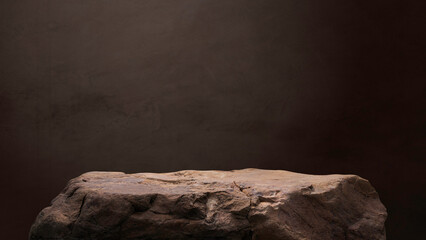 Rock, Stone podium stand display advertising product, Production show with Brown Studio Dark light wall room Background well free space for text, Cliff Rock Stone stage, Clipping paths