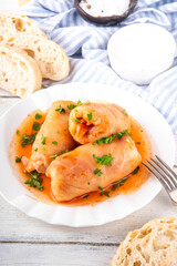 Comfort warm winter food, balanced Eastern European dinner recipe ideas, cabbage rolls, stuffed cabbage leaves, golubtsi with meat and vegetable fillings