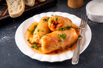 Comfort warm winter food, balanced Eastern European dinner recipe ideas, cabbage rolls, stuffed cabbage leaves, golubtsi with meat and vegetable fillings
