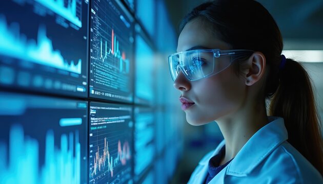 Medical researcher analyzes data with AI. Woman in lab coat, safety glasses reviews charts, graphs on screens. Future medicine, biotech, big data, personalized treatment, science concepts. Health