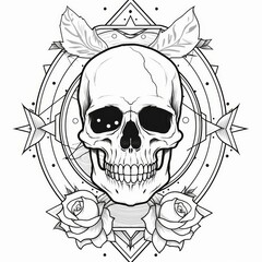 Obraz premium Skull Roses and Leaves Tattoo Design With Ornamental Frame Aesthetic Gothic Illustration