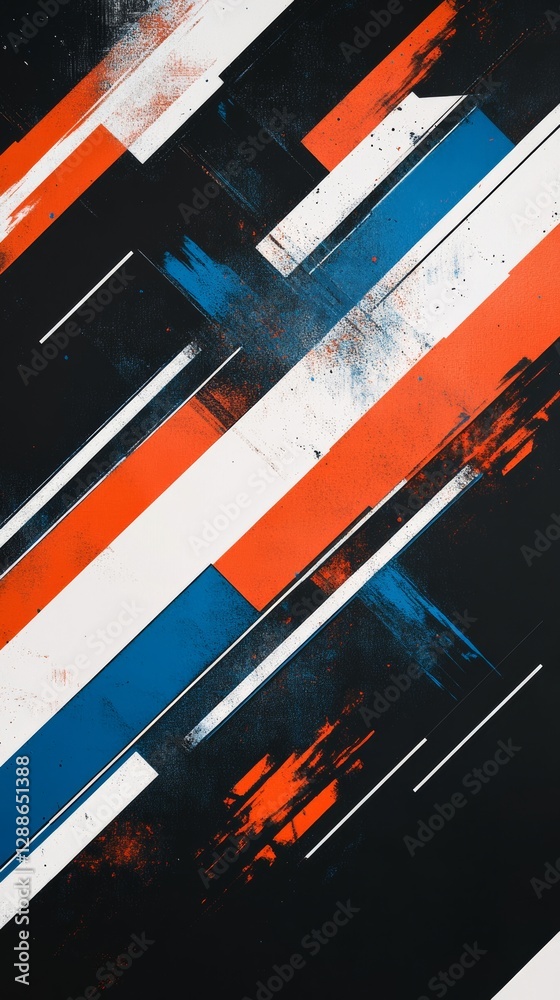 Poster abstract geometric design with red, blue, and white diagonal lines on black background. modern art a