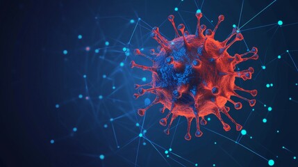 Digital representation of red virus particle against blue network background
