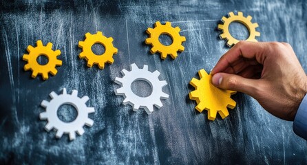 Hand placing yellow gear into system on chalkboard