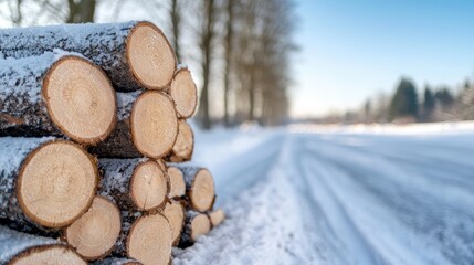 Snowy roadside firewood stack, winter trees, rural road