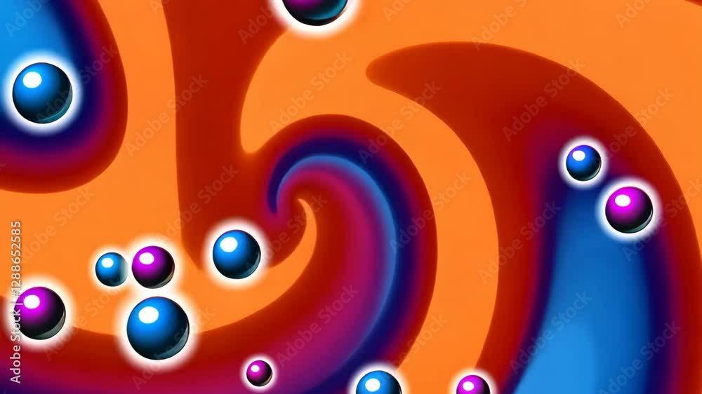 Poster a colorful background with orange and blue swirls. there are many small balls in the background