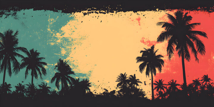 The grunge strip uses reggae colors with silhouettes of coconut trees.