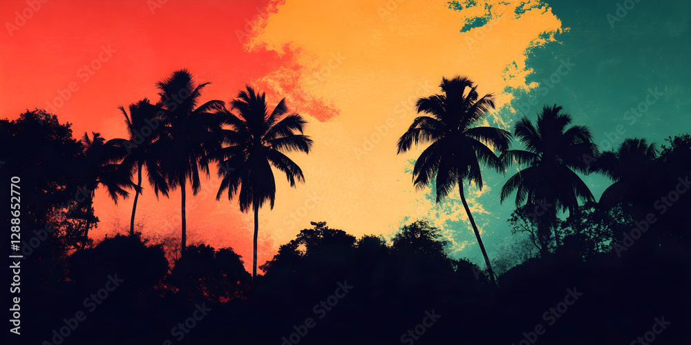 Wall mural silhouettes of a group of coconut trees against a background colored in a reggae style.