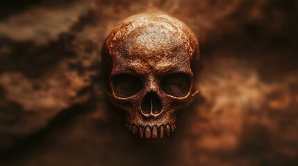 Rusty skull against smoky, dark stone background; Halloween, horror concept