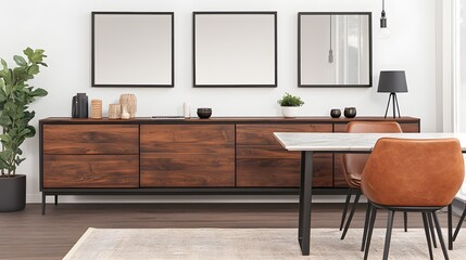 Modern Wooden Furniture Arrangement in Bright Minimalist Interior with Stylish Lighting and Mirrors