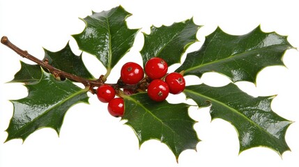 A close-up shot captures the delicate texture of holly leaves, their vibrant green adorned with clusters of glossy, red berries, against a pristine white backdrop. The PNG format ensures the 