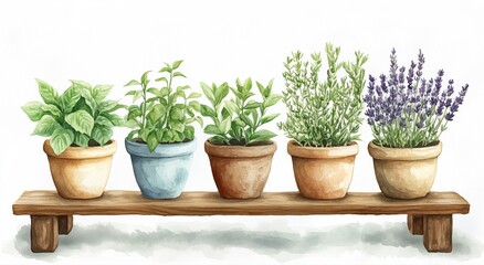 Fototapeta premium Watercolor Illustration of American Herbs in Stylish Ceramic Pots