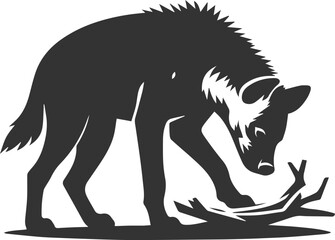A hyena sniffing a fallen branch, curious vector animal silhouette
