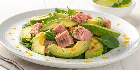 A fresh avocado and tuna salad with a tangy lemon dressing on a white plate