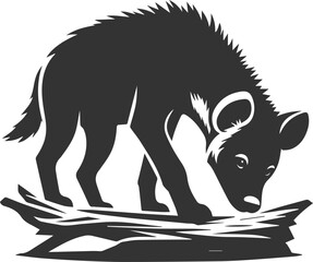 A hyena sniffing a fallen branch, curious vector animal silhouette