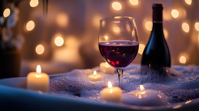 Romantic Spa Setting with Wine, Candles, and Soft Lighting Atmosphere