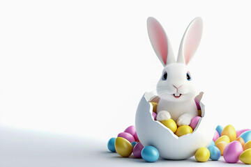 Cheerful rabbit sits happily in cracked Easter egg surrounded by colorful candy eggs in vibrant animation style