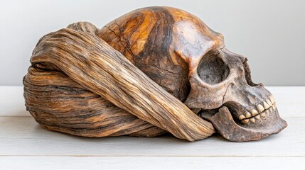 Wooden skull sculpture, turban detail, white background, studio shot, art