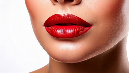 Fototapeta premium Close up photo of woman's lips with red lipstick on a plain white background