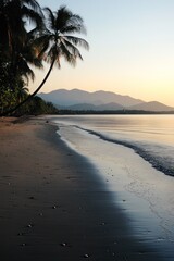Serene beach at sunset with gentle waves and palm trees, mountains in the background