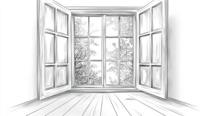 Fototapeta premium Open window with wooden panels overlooking tree branches in black and white line art