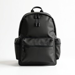 Mockup of black school backpack isolated on white background. Modern student bag with pockets, zippers. Back to school concept, blank template, realistic style for education industry.