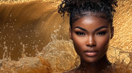 Fototapeta premium Golden water splash, woman, beauty, portrait, studio, luxury, cosmetics, advertising