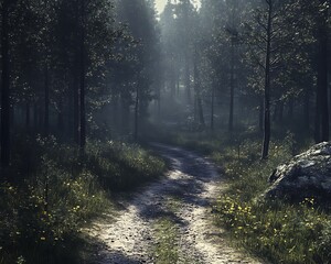 Obraz premium Misty forest path winding through trees.