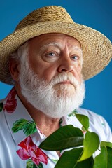 Fototapeta premium Senior man in hat with floral shirt against blue background