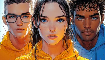 Obraz premium Three people are shown in a comic book cover, with one girl wearing glasses