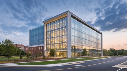 Obraz premium Modern glass office building sunset cityscape