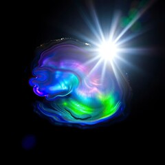 A pearl oyster illuminated by a bright lens flare, showcasing vibrant blues, greens, and purples, with dynamic light streaks