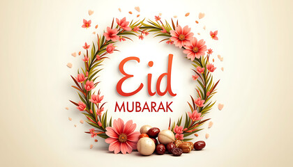 Eid Mubarak Arabic and English greetings on a 3d background with beautiful decorations. Eid_Ul-Fitr mubarak greeetings illustration.