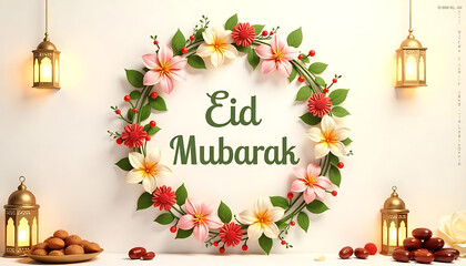 Eid Mubarak Arabic and English greetings on a 3d background with beautiful decorations. Eid_Ul-Fitr mubarak greeetings illustration.