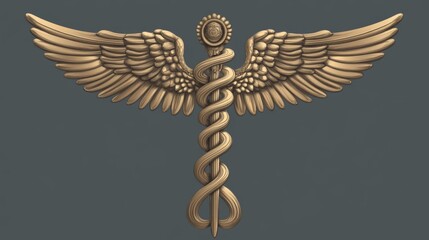 Golden caduceus with wings on dark background