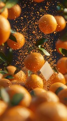 Fresh Oranges Splashing with Water Droplets and Green Leaves Background
