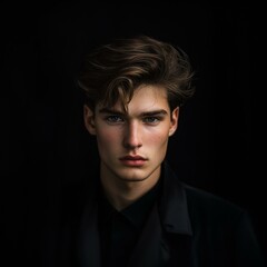 Obraz premium Portrait of a Serious Young Man with Dark Hair in a Black Jacket Against a Dark Background