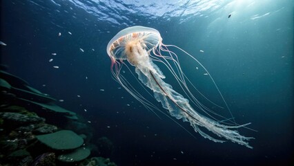 Deep-sea jellyfish with translucent body, sea creature, gelatinous creature, transparent body, ocean darkness