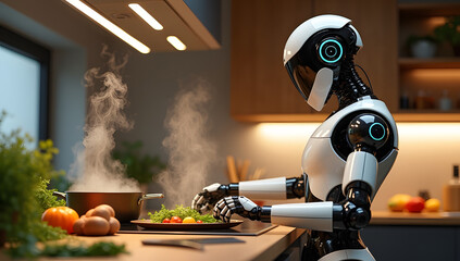 White Robot in the kitchen makes dinner