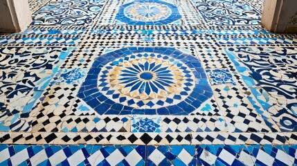Decorative Blue and White Mosaic Tile Floor with Geometric Patterns