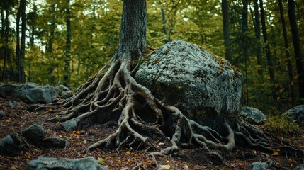Obraz premium Tree Roots Embracing Large Rock in Serene Forest Landscape