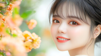 Fototapeta premium 花のそばで希望いっぱいの若い女性