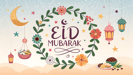 Eid Mubarak Arabic and English greetings on a 3d background with beautiful decorations. Eid_Ul-Fitr mubarak greeetings illustration.