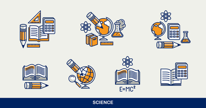 Science vector icons set, physics and chemistry, mathematics and geography, research and experiments.