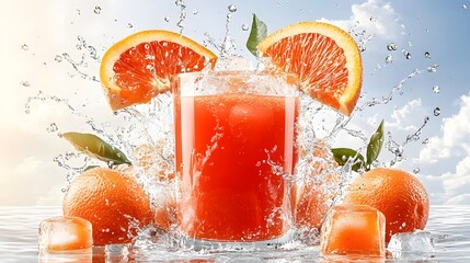 Energetic and dynamic crystal clear glass of orange juice in motion with ice cubes and juice splash frozen in time showcasing reflections and high detail textures against a bright blue background
