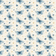 pattern with blue butterflies and daisies on a light background